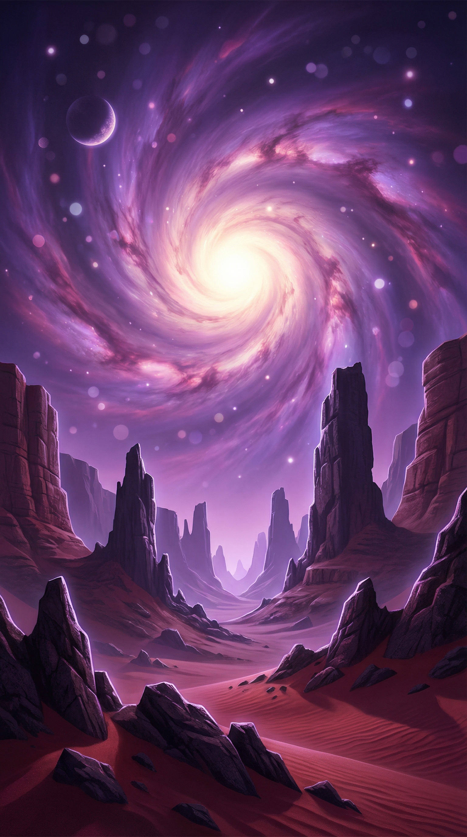 Galactic Vortex Over Crimson Basalt Spires